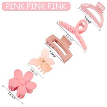Ahoney 5 Pack Cute Pink Hair Clips 3.4-4.3 Inch Jaw Clips for Hair Big Hair Clamp Butterfly Flower Pink Hair Accessories for Women Non Slip Hair Styling for Girls
