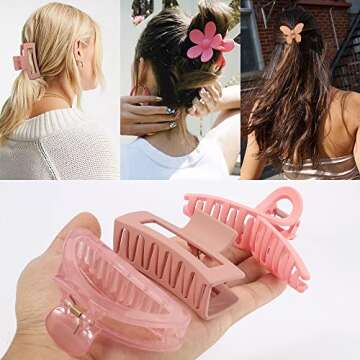 Ahoney 5 Pack Cute Pink Hair Clips 3.4-4.3 Inch Jaw Clips for Hair Big Hair Clamp Butterfly Flower Pink Hair Accessories for Women Non Slip Hair Styling for Girls