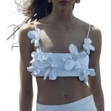 TISTIK Women's 3D Flower Crop Top Elegant Lace-up Camisole Skinny Spaghetti Strap Tank Top Vest Vacation Outfits, Medium, White