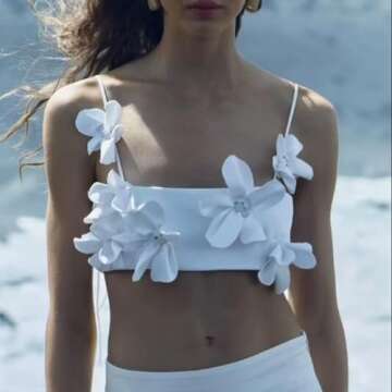 TISTIK Women's 3D Flower Crop Top Elegant Lace-up Camisole Skinny Spaghetti Strap Tank Top Vest Vacation Outfits, Medium, White