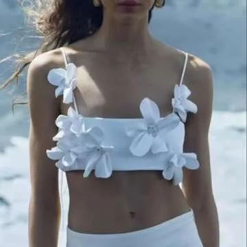 TISTIK Women's 3D Flower Crop Top Elegant Lace-up Camisole Skinny Spaghetti Strap Tank Top Vest Vacation Outfits, Medium, White