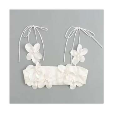 TISTIK Women's 3D Flower Crop Top Elegant Lace-up Camisole Skinny Spaghetti Strap Tank Top Vest Vacation Outfits, Medium, White