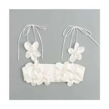 TISTIK Women's 3D Flower Crop Top Elegant Lace-up Camisole Skinny Spaghetti Strap Tank Top Vest Vacation Outfits, Medium, White