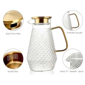 OTARTU Glass Pitcher,50oz/1.5 Liter Water Pitcher with S.S. Lid, Beverage Serveware, Iced Tea Jug,Wa...