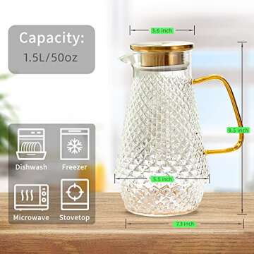 OTARTU Glass Pitcher,50oz/1.5 Liter Water Pitcher with S.S. Lid, Beverage Serveware, Iced Tea Jug,Water Carafe with Handle,Heat Resistant. Refrigerator Usable.