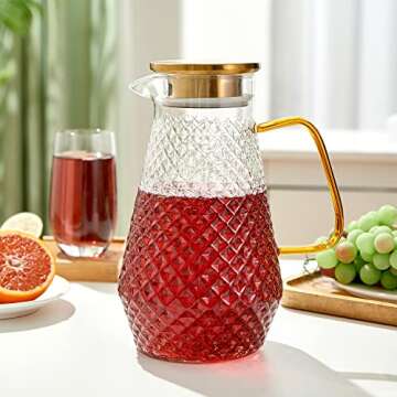 OTARTU Glass Pitcher,50oz/1.5 Liter Water Pitcher with S.S. Lid, Beverage Serveware, Iced Tea Jug,Water Carafe with Handle,Heat Resistant. Refrigerator Usable.