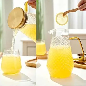 OTARTU Glass Pitcher,50oz/1.5 Liter Water Pitcher with S.S. Lid, Beverage Serveware, Iced Tea Jug,Water Carafe with Handle,Heat Resistant. Refrigerator Usable.