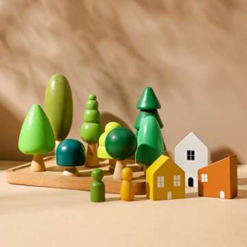 Wooden Forest House Stacking Toy Set with 13PCS Wood Miniature Tree Blocks Set Elegant Ornaments for...
