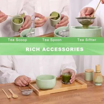 Matcha Whisk Set Matcha Bowl with Spout,Matcha Whisk with Matcha Whisk Holder,Matcha Sifter,Matcha Spoon and Scoop for Matcha Maker White