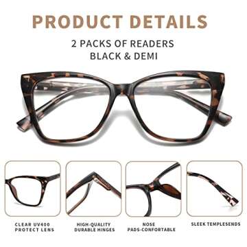 LKEYE Oversized Reading Glasses For Women Cat Eye Computer Blue Light Blocking Reader Stylish Ladies Designer Fashion Large Unbreakable Eyeglasses 2pack Black Leopard LK6042 + 1.50 x