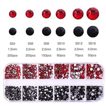 RODAKY 1500Pcs Red and Balck Nail Rhinestones for Nails 6 Size Nail Art Crystals Gems Stones Flatbac...