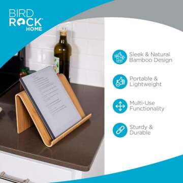 Sofia + Sam Bamboo Tablet Holder and Stand - Natural Wood - Adjustable Base for Surface, E-Readers, Smartphones - Kitchen Tabletop Organizer - Portable Stand for Books, Cookbooks, and Devices