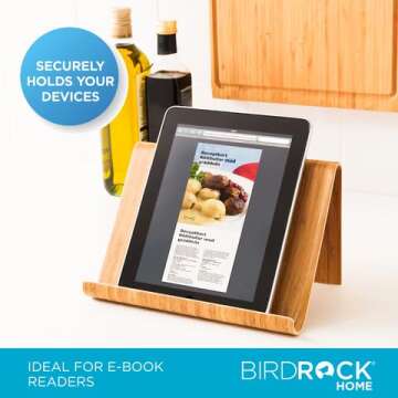 Sofia + Sam Bamboo Tablet Holder and Stand - Natural Wood - Adjustable Base for Surface, E-Readers, Smartphones - Kitchen Tabletop Organizer - Portable Stand for Books, Cookbooks, and Devices