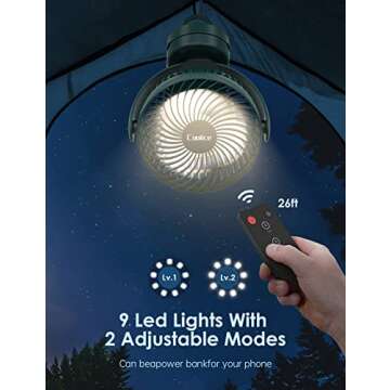 Camping Fan with Remote Control - 65Hrs 12000mAh Rechargeable Fan, 3 Speeds & Timing Battery Powered Fan with Light & Hook, Tent Fan for Camping, Camp Fan for Tent, Battery Operated Fan, Green