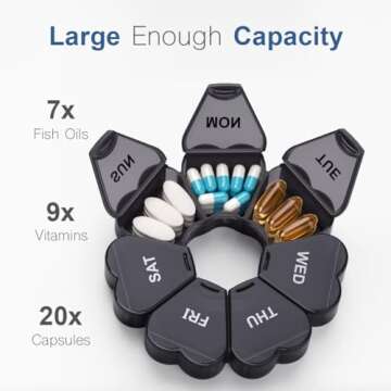 Large Weekly Pill Organizer, Pill Box 7 Day, KAPENS Daily Vitamin Case Large Capacity Compartments, Pill Containers for Fish Oil Medicine Supplements, Black