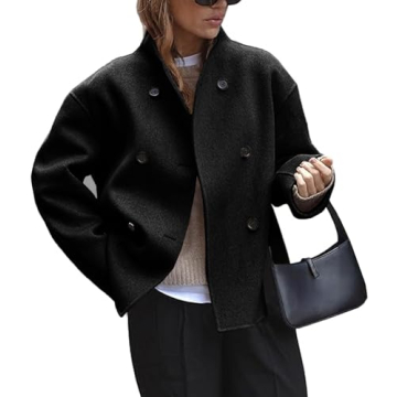 UATKIMI Women's Double Breasted Coat Casual Winter Wool Blend Jacket Stand Collar Long Sleeve Pea Co...