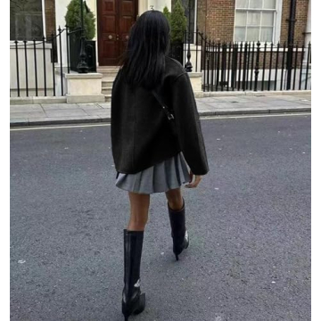 UATKIMI Women's Double Breasted Coat Casual Winter Wool Blend Jacket Stand Collar Long Sleeve Pea Coats(Black,S)