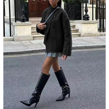 UATKIMI Women's Double Breasted Coat Casual Winter Wool Blend Jacket Stand Collar Long Sleeve Pea Coats(Black,S)