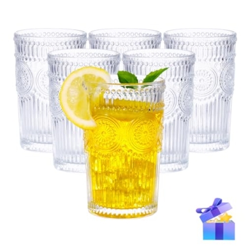 Vintage Glassware Romantic Drinking Glasses - 12 oz Cocktail Glasses Set of 6 Embossed Water Glasses...