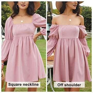 EXLURA Womens 2025 Square Neck Dress Long Puff Sleeve A-Line Casual Short Mini Dresses Pink