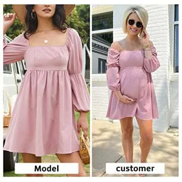 EXLURA Womens 2025 Square Neck Dress Long Puff Sleeve A-Line Casual Short Mini Dresses Pink