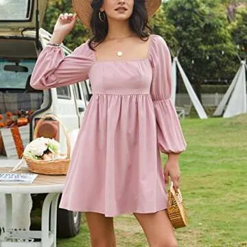 EXLURA Womens 2025 Square Neck Dress Long Puff Sleeve A-Line Casual Short Mini Dresses Pink