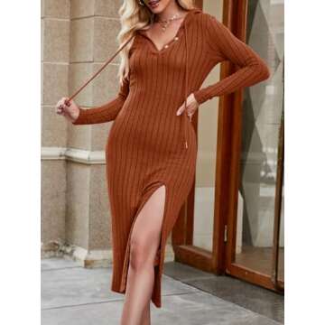 Fisoew Women's Long Sleeve Hoodie Sweater Dress V Neck Drawstring Side Split Bodycon Midi Dress