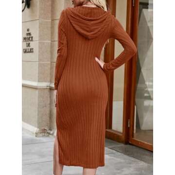 Fisoew Women's Long Sleeve Hoodie Sweater Dress V Neck Drawstring Side Split Bodycon Midi Dress