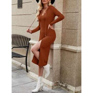 Fisoew Women's Long Sleeve Hoodie Sweater Dress V Neck Drawstring Side Split Bodycon Midi Dress