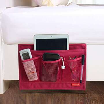 DuomiW Bedside Storage Organizer, Bedside Caddy, Table Cabinet Storage Organizer, TV Remote Control, Phones, Magazines, Tablets, Accessories (Red)
