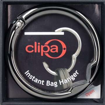 Clipa Bag Hanger - Polished Hematite PVD - The Ring That Opens Into a Hook and Hangs in Just 1/2" of Space, Holds 33 lbs., 3 yr. Warranty