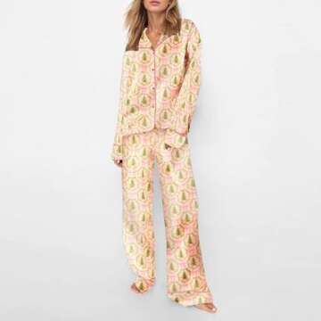 Yojeasrio Bow Pajamas for Women 2 Piece Set Satin Long Sleeve Button Down Shirt Wide Leg Pants Matching Set Sleepwear