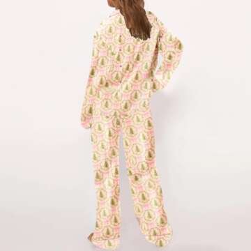 Yojeasrio Bow Pajamas for Women 2 Piece Set Satin Long Sleeve Button Down Shirt Wide Leg Pants Matching Set Sleepwear