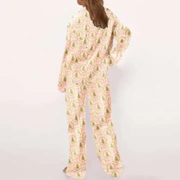 Yojeasrio Bow Pajamas for Women 2 Piece Set Satin Long Sleeve Button Down Shirt Wide Leg Pants Matching Set Sleepwear