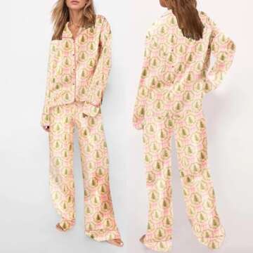 Yojeasrio Bow Pajamas for Women 2 Piece Set Satin Long Sleeve Button Down Shirt Wide Leg Pants Matching Set Sleepwear