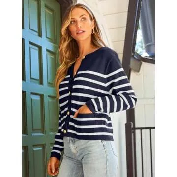LILLUSORY Women's Striped Cardigan Sweaters Fall Outfits Clothes Fashion Trendy Long Sleeve Tops Casual Knit Lady Jackets Blue White M