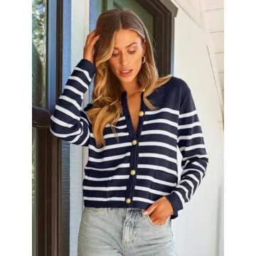 LILLUSORY Women's Striped Cardigan Sweaters Fall Outfits Clothes Fashion Trendy Long Sleeve Tops Casual Knit Lady Jackets Blue White M