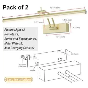 Yuichoy 2 Pack Picture Light Battery Operated for Wall, 16" Wireless Display Art Lighting for Painting with Remote, Dimmable 5200mAh Picture Frame Lights for Gallery, Antique Brass