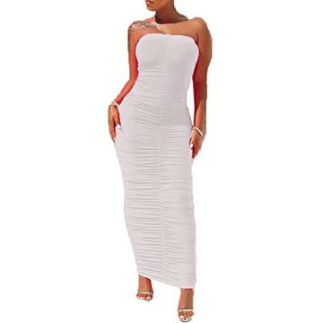 Womens Women Sexy Tube Ruched Strapless Bodycon Party Maxi Club Dress. White