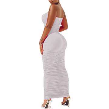 Womens Women Sexy Tube Ruched Strapless Bodycon Party Maxi Club Dress. White