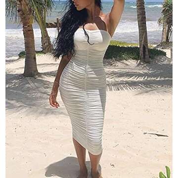 Womens Women Sexy Tube Ruched Strapless Bodycon Party Maxi Club Dress. White