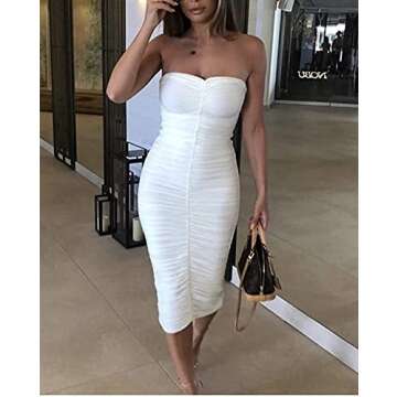 Womens Women Sexy Tube Ruched Strapless Bodycon Party Maxi Club Dress. White