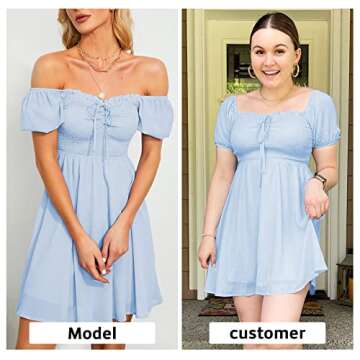 Byinns Women's Sweetheart Neckline Dress Smocked Sundress Puff Short Sleeve Drawstring Dresses Light Blue