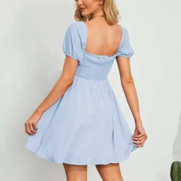 Byinns Women's Sweetheart Neckline Dress Smocked Sundress Puff Short Sleeve Drawstring Dresses Light Blue