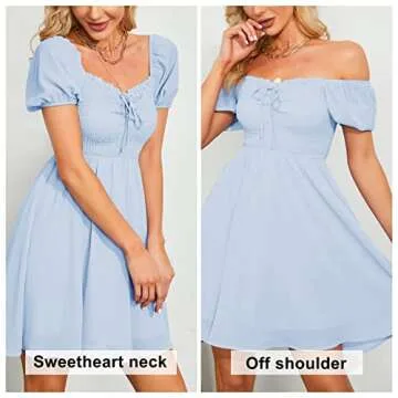 Byinns Women's Sweetheart Neckline Dress Smocked Sundress Puff Short Sleeve Drawstring Dresses Light Blue