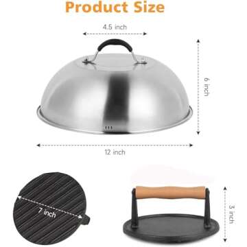 SHINESTAR Cast Iron Griddle Press with 12-Inch Melting Dome for Blackstone Griddle, Flat Top Grill &...