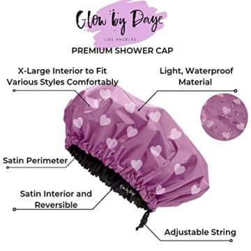 Glow by Daye Satin Lined Shower Cap, Adjustable and Waterproof with Satin Interior for Hair Protection, Large, Pink Heart