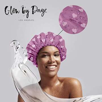 Glow by Daye Satin Lined Shower Cap, Adjustable and Waterproof with Satin Interior for Hair Protection, Large, Pink Heart