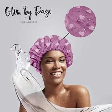 Glow by Daye Satin Lined Shower Cap, Adjustable and Waterproof with Satin Interior for Hair Protection, Large, Pink Heart