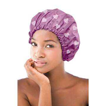 Glow by Daye Satin Lined Shower Cap, Adjustable and Waterproof with Satin Interior for Hair Protection, Large, Pink Heart